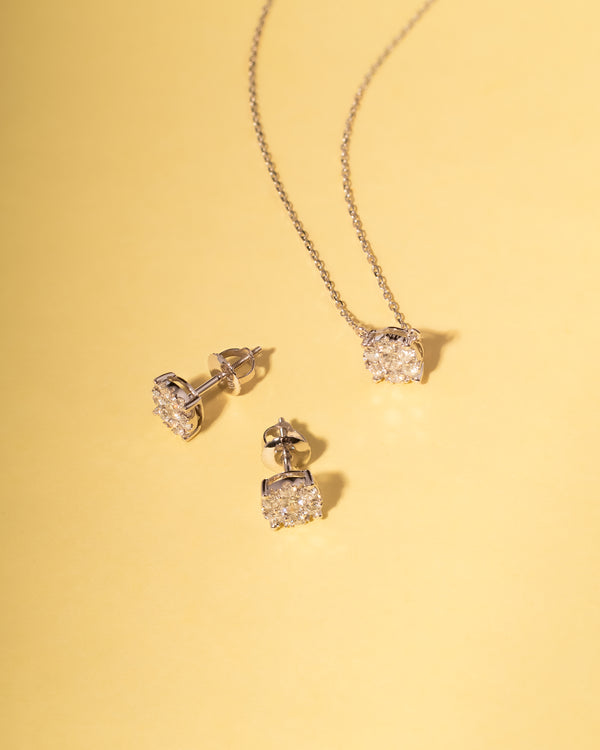 SET CLUSTER EN DIAMANTES ORO BLANCO  DE 18KILATES